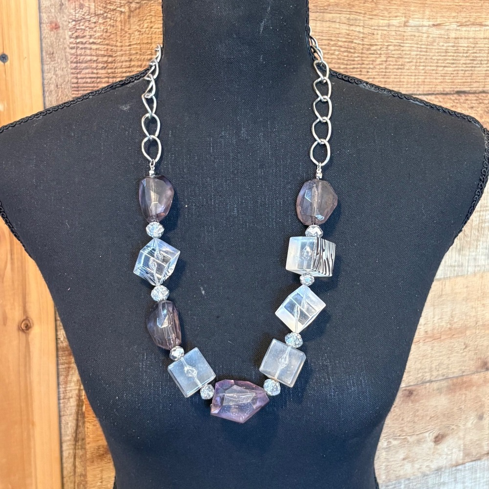 Silver Tone Lucite Chunky Purple Clear Zebra Print Stone Statement Necklace